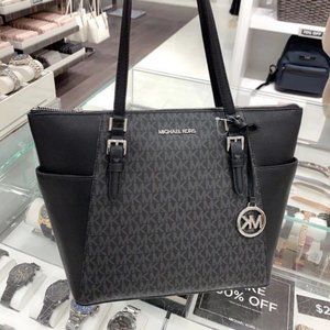 CHARLOTTE LG TOP LEATHER SHOULDER TOTE Black Logo